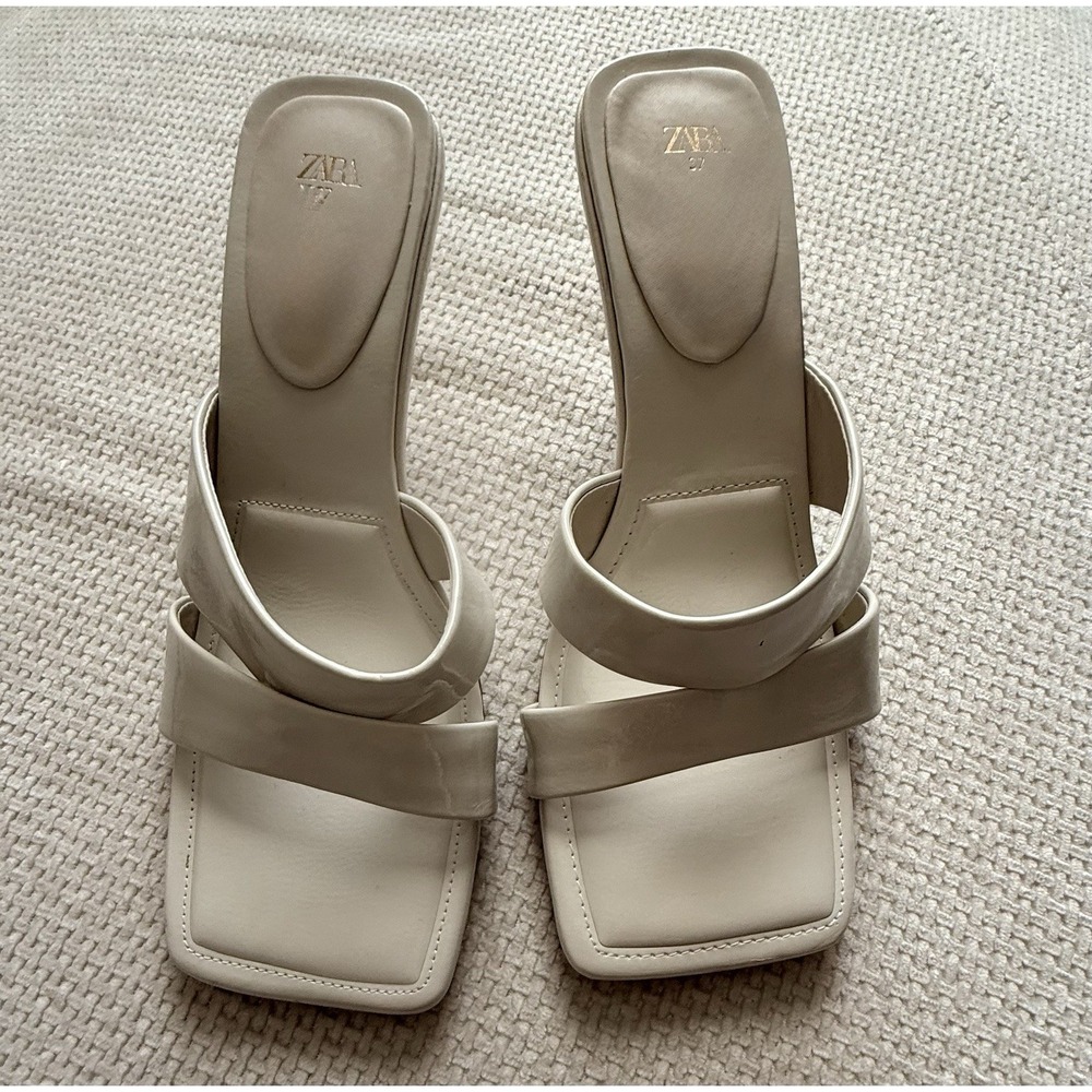 Zara Cream Double-Strap Square-Toe Slide Mules